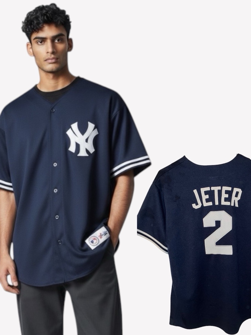 Jeter #2 Majestic Navy Blue New York Baseball Jersey with White Logo